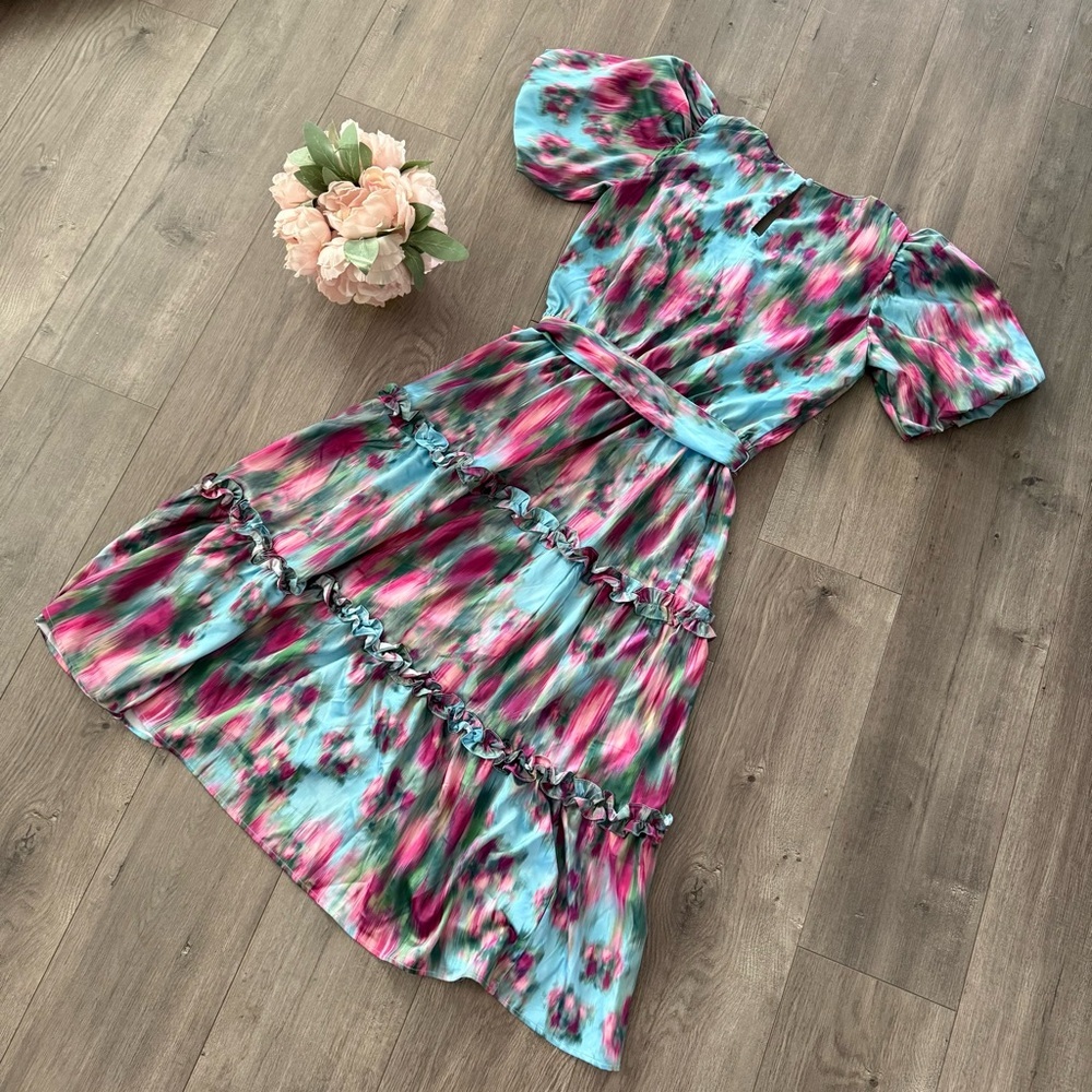 New Badgley Mischka Mark & James Spring Colorful Tiered Midi Dress - Picture 4 of 6